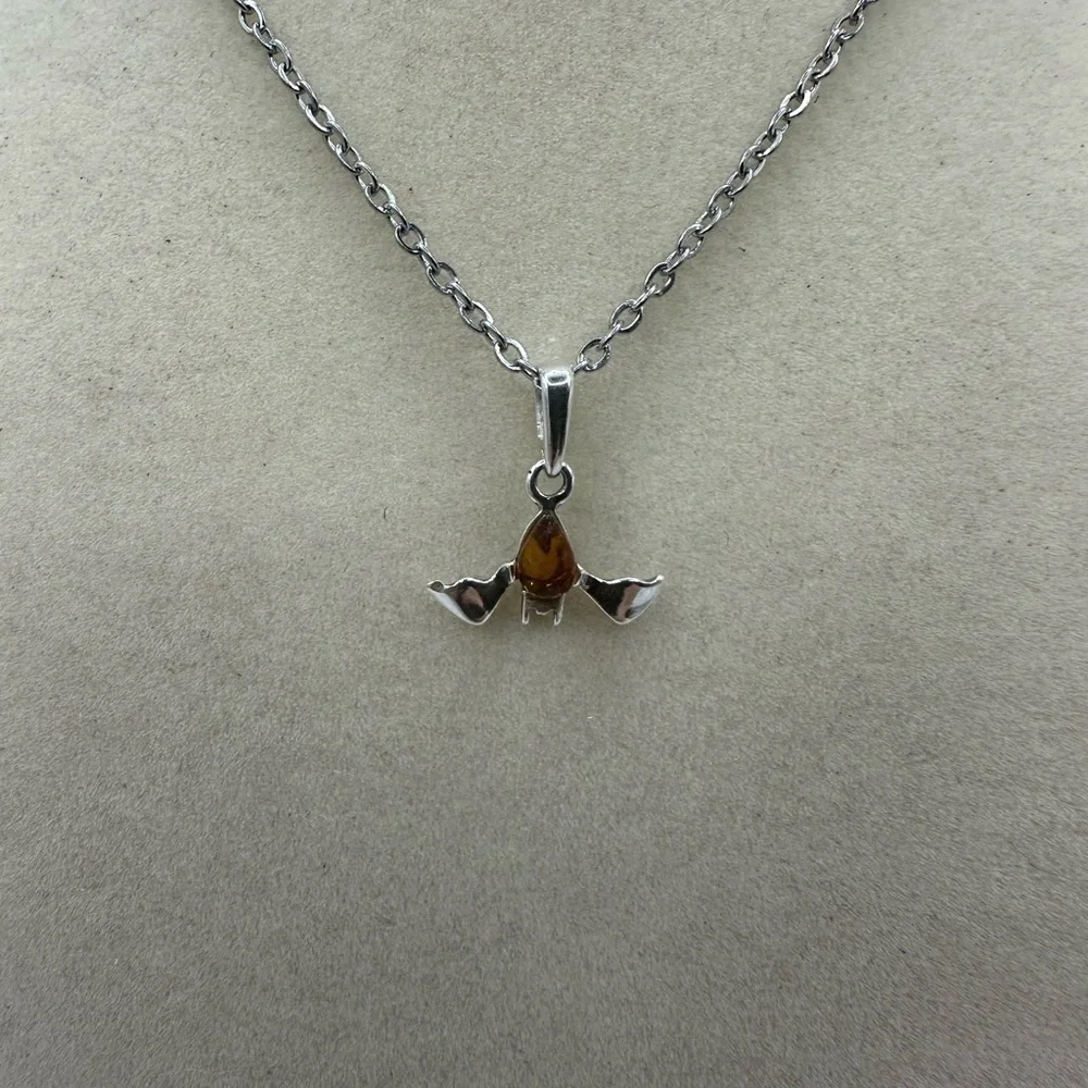 Silver and Amber Bat Pendant on Stainless Steel Chain